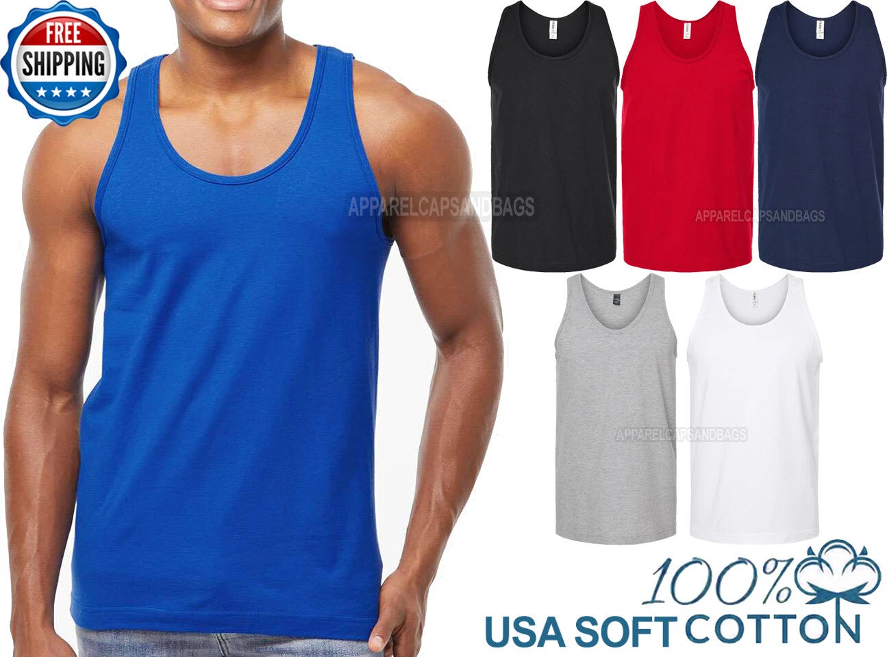 Mens Preshrunk 100% USA Soft Cotton Fine Jersey Tank Top Sleeveless Tee XS-2XL