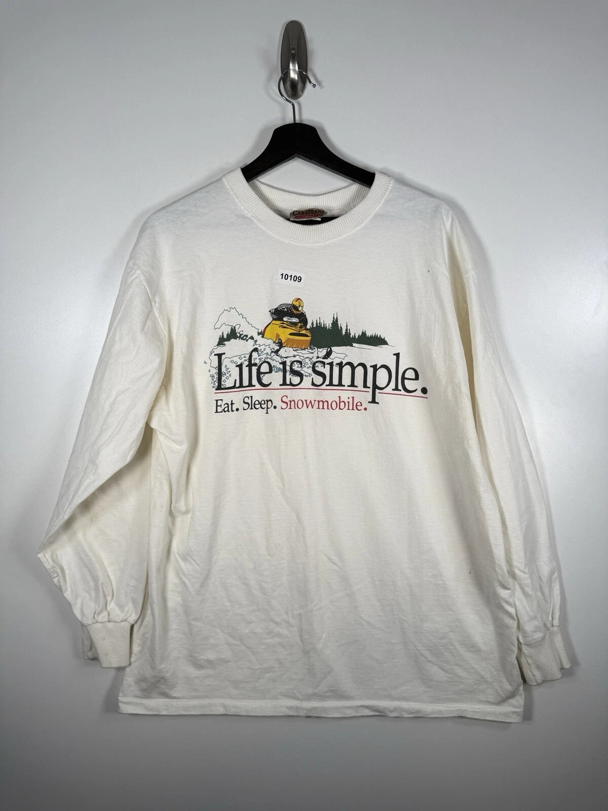 Vtg Canadiana Mens Life Is Simple Eat Sleep Snowmobile Long Sleeve T Shirt Sz XL
