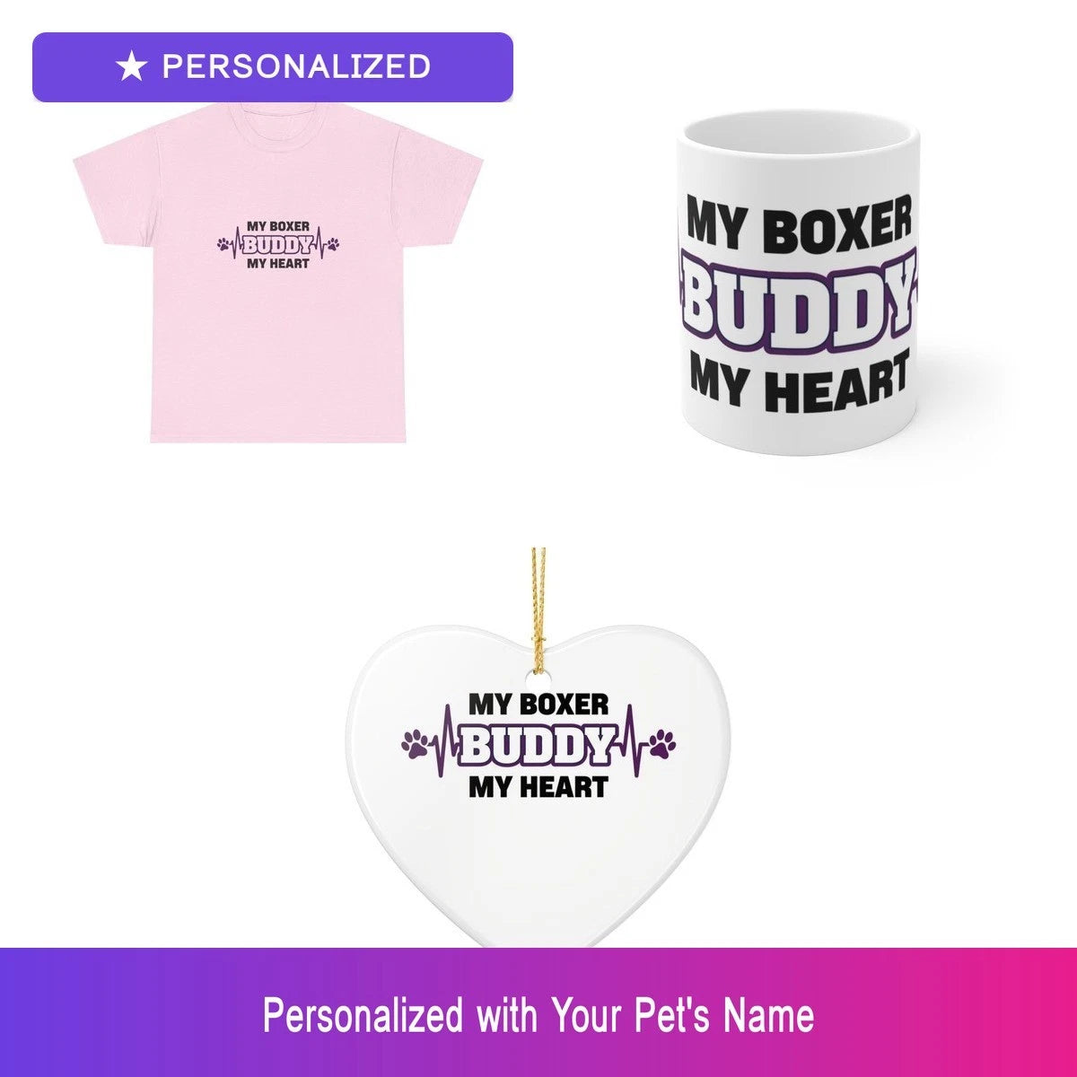 Custom Boxer Paw Print Gift Set Shirt Mug Ornament Personalized Pet Name Bundle