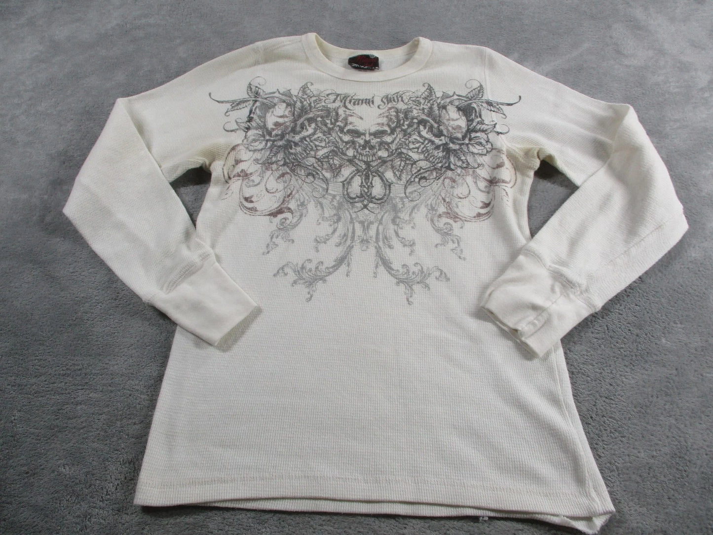 VTG Y2K Miami Ink Shirt Medium White Thermal Long Sleeve Tattoo Graphic Waffle