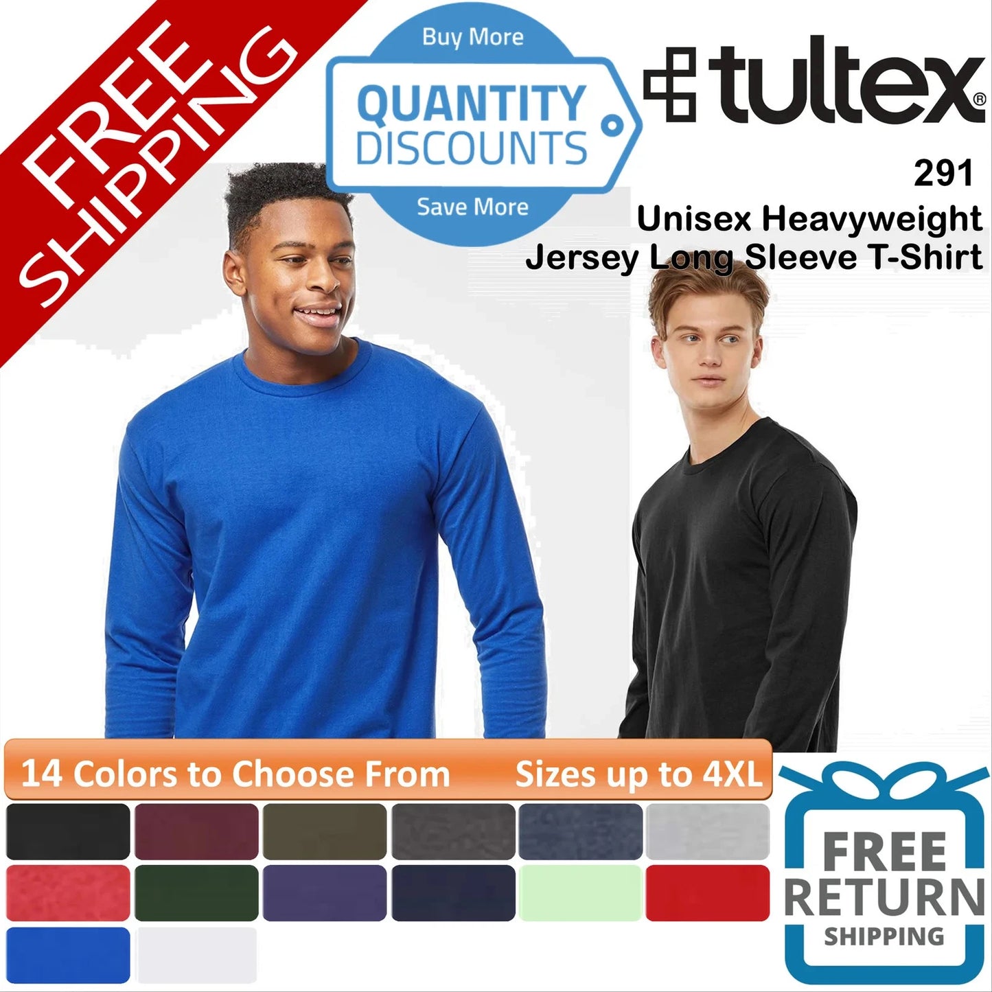 🔥 Tultex Men Heavyweight Jersey Long Sleeve T-shirt ring-spun Up To 4XL 291