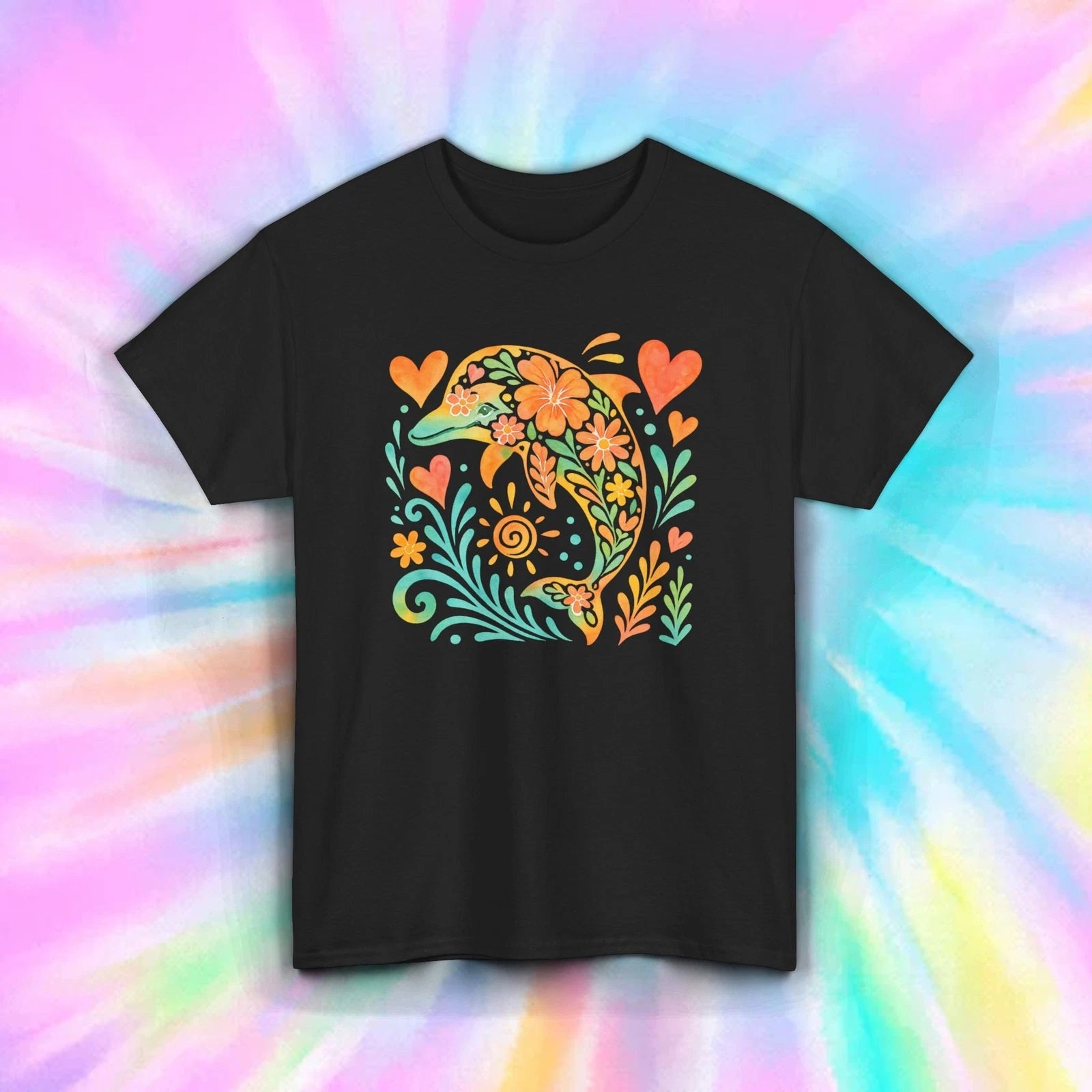 Floral Dolphin Shirt Hippie Ocean Animal Boho Nature Graphic Tee S-5XL