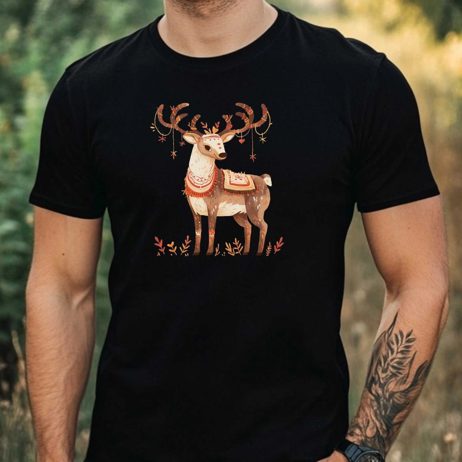 Mens Boho Watercolour Reindeer Motif Cotton T-Shirt Size XS to 5XL