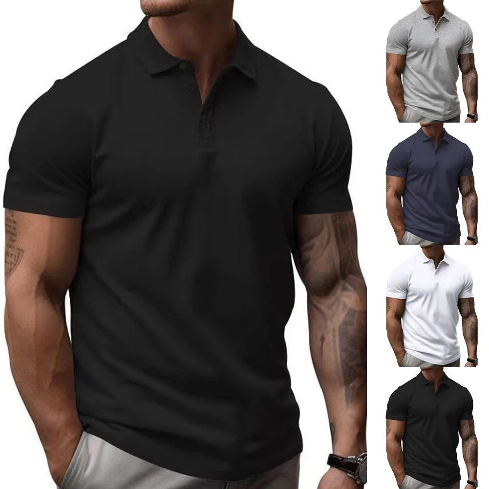 Short Sleeve Men's Turn Down Collar T Shirt Pullover Casual Slim Fit Black