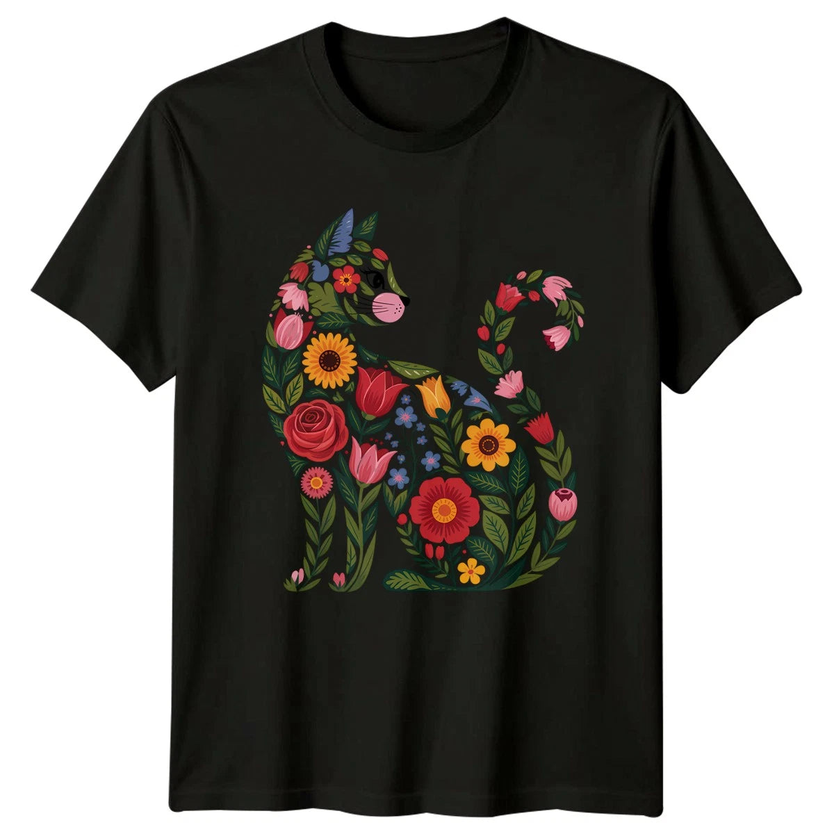 Whimsical Floral Cat Design Art Womens T-Shirt Botanical Folk Art