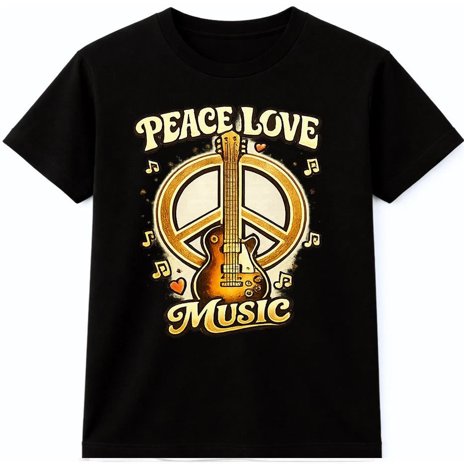 Music T Shirt Peace Love Guitar Retro Hippie Festival Graphic Tee