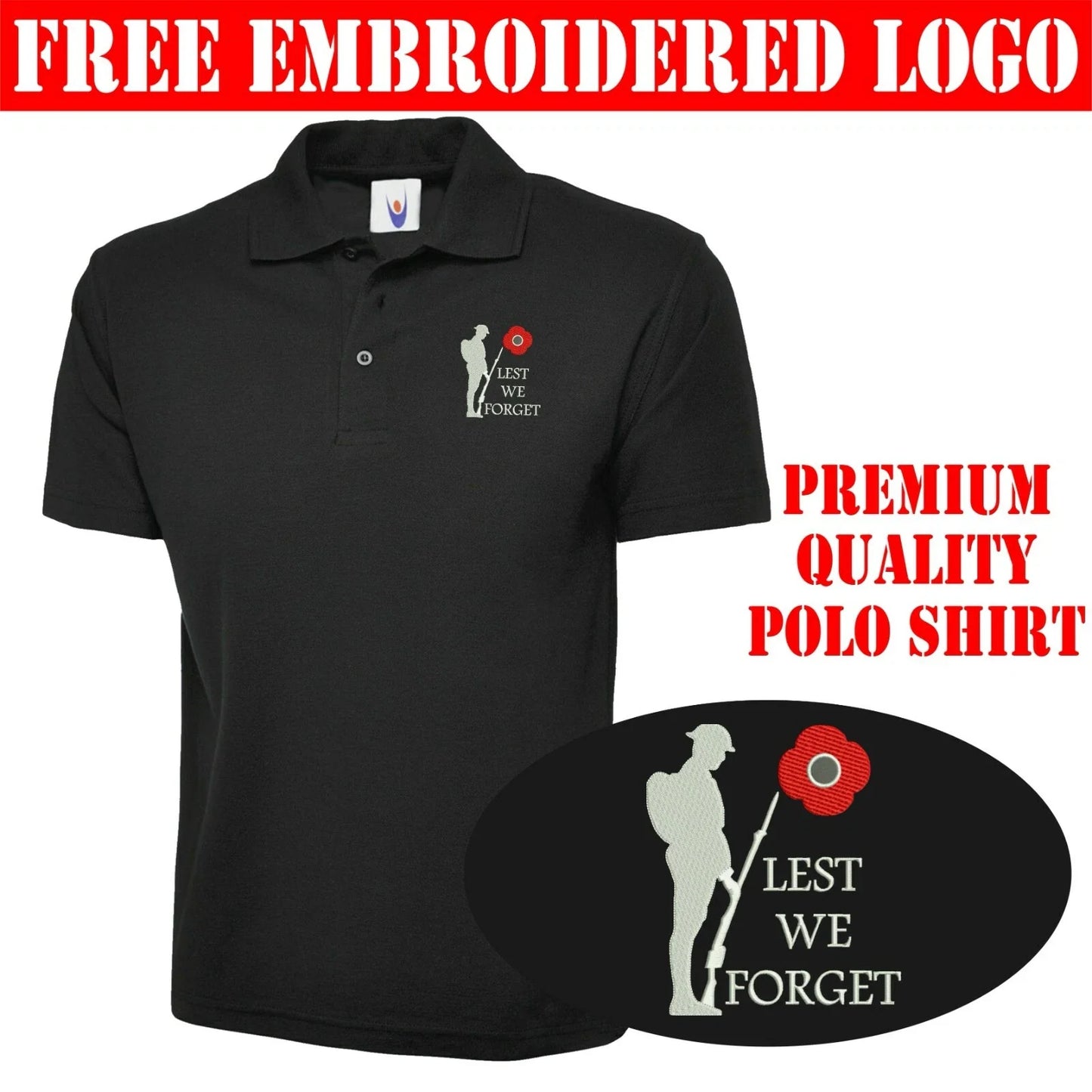Embroidered Lest We Forget Polo Shirt, Remembrance Day Poppy Flower Unisex Top