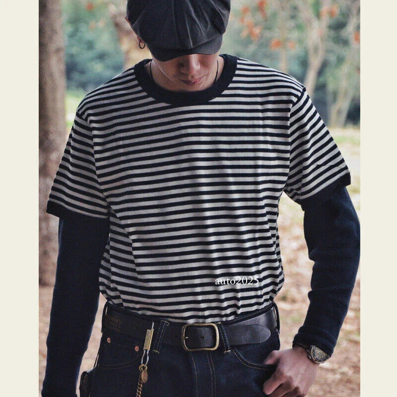 Men's Navy Sailor's Striped Shirts Casual Cotton Crew Neck Short Sleeve T-Shirt