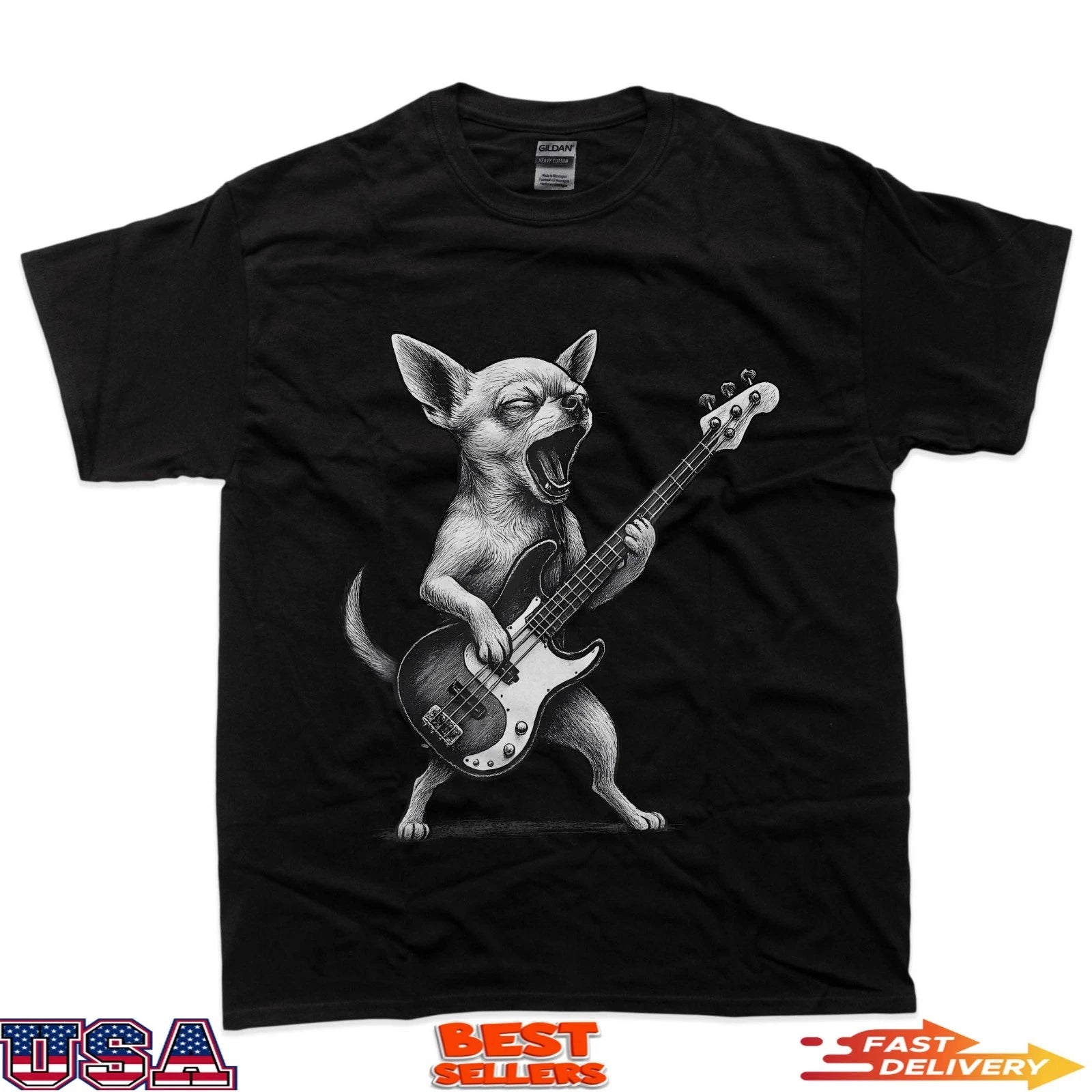 Chihuahua Playing Bass Guitar Rock Music Dog Lover T-Shirt