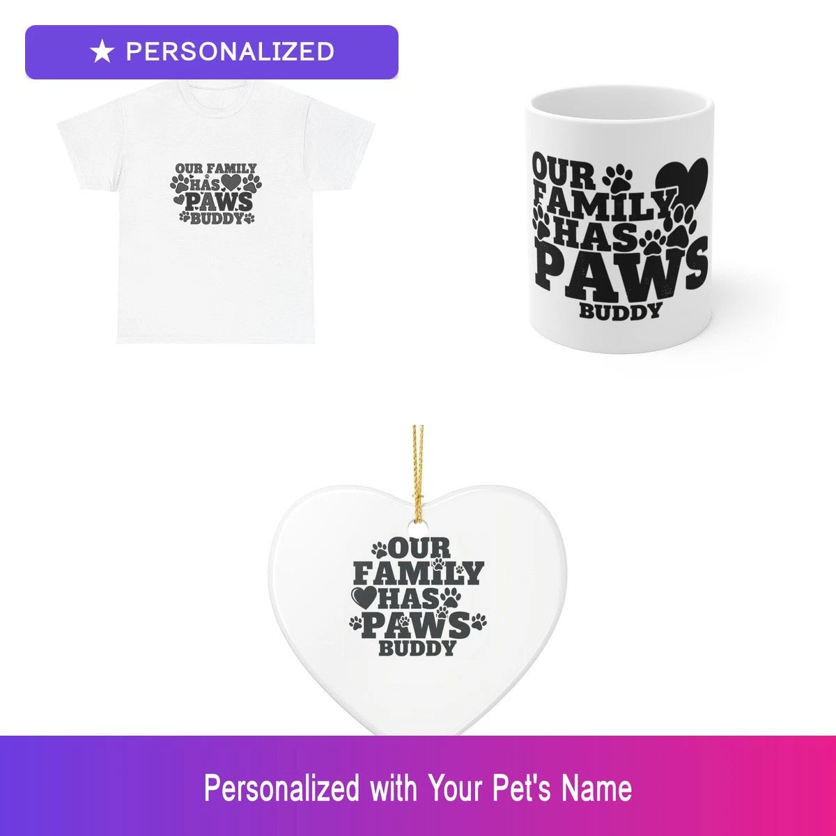 Custom Pet Paw Gift Set Shirt Mug Ornament Personalized Name Bundle