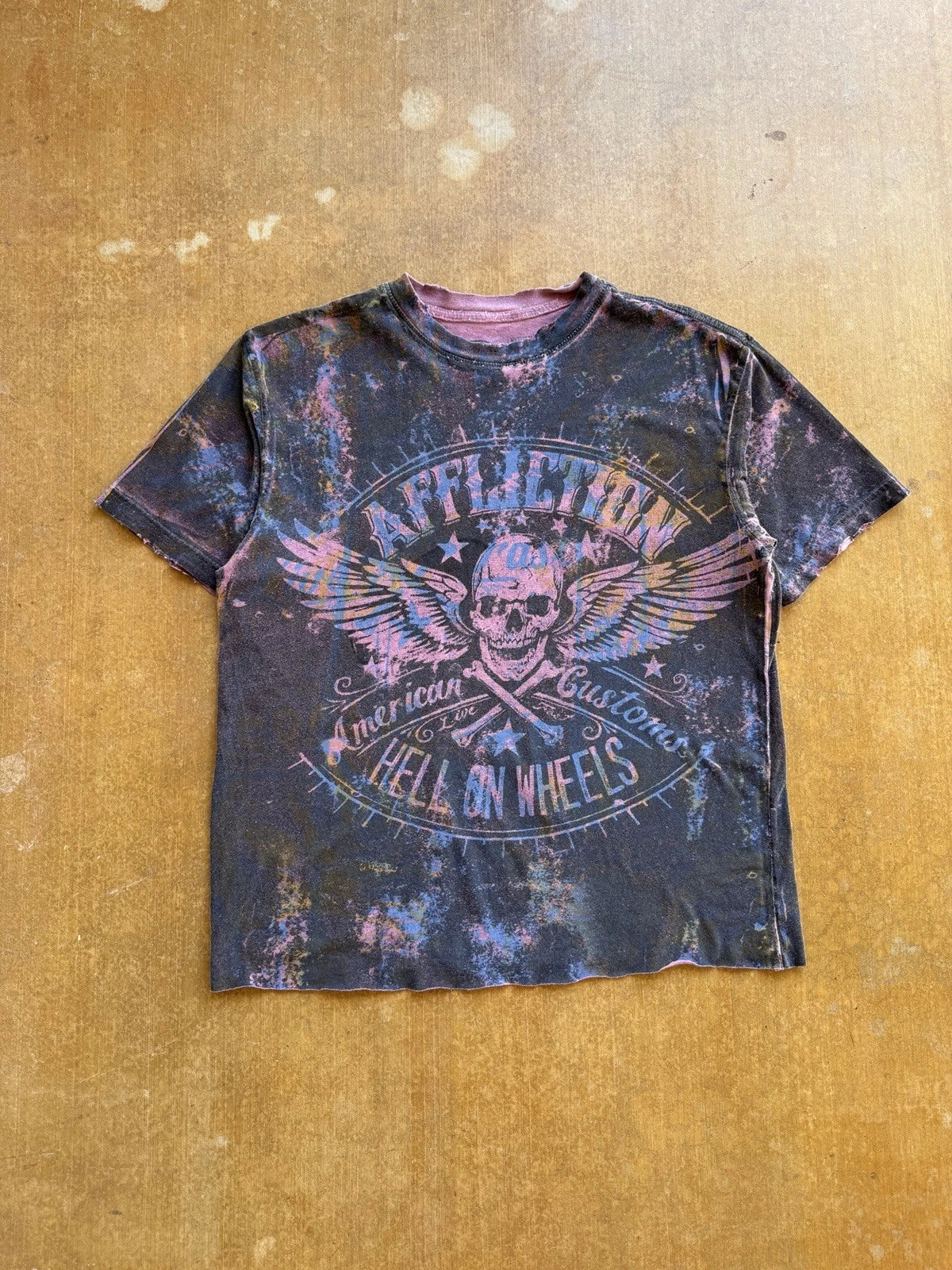 VTG Y2K Affliction MMA American Customs Skull All Over Print T-Shirt M (Cropped)