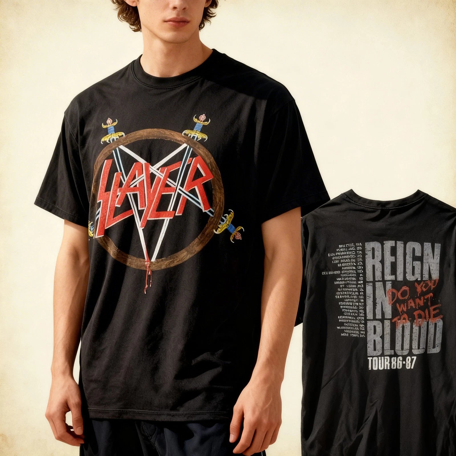 Vintage 80s Slayer Reign In Blood Tour 86 97 T-shirt Double Sides