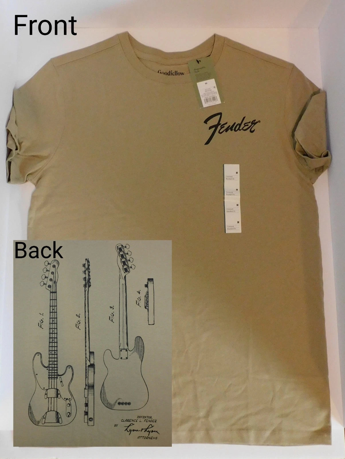 Fender T-Shirt By Goodfellow Mens Medium Tan Crewneck Guitar Patent Graphic Tee