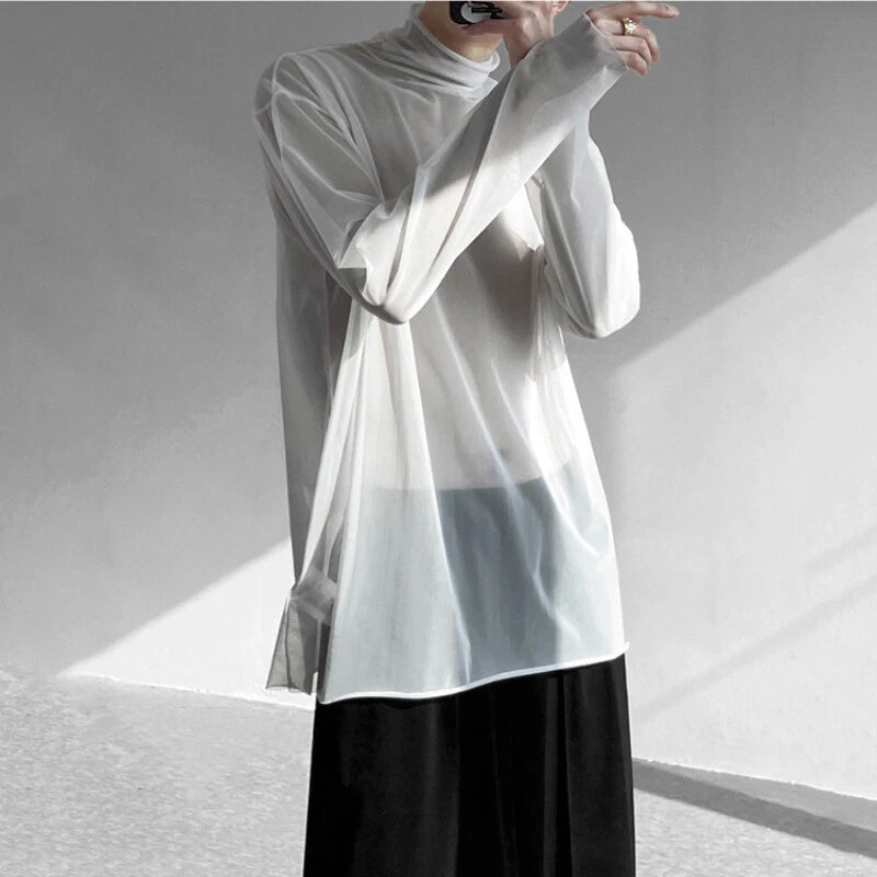 Men Punk Mesh Sheer Top Long Sleeve T-shirt Hip Hop Turtle Neck Gothic Club Thin