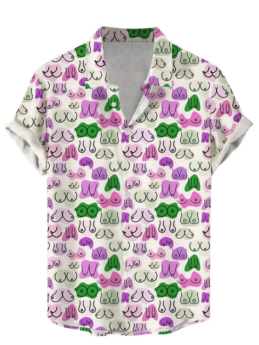 Mens Button Down Shirts Funny Boobs Printed Hawaiian Tops Novelty Ugly Gag Gifts