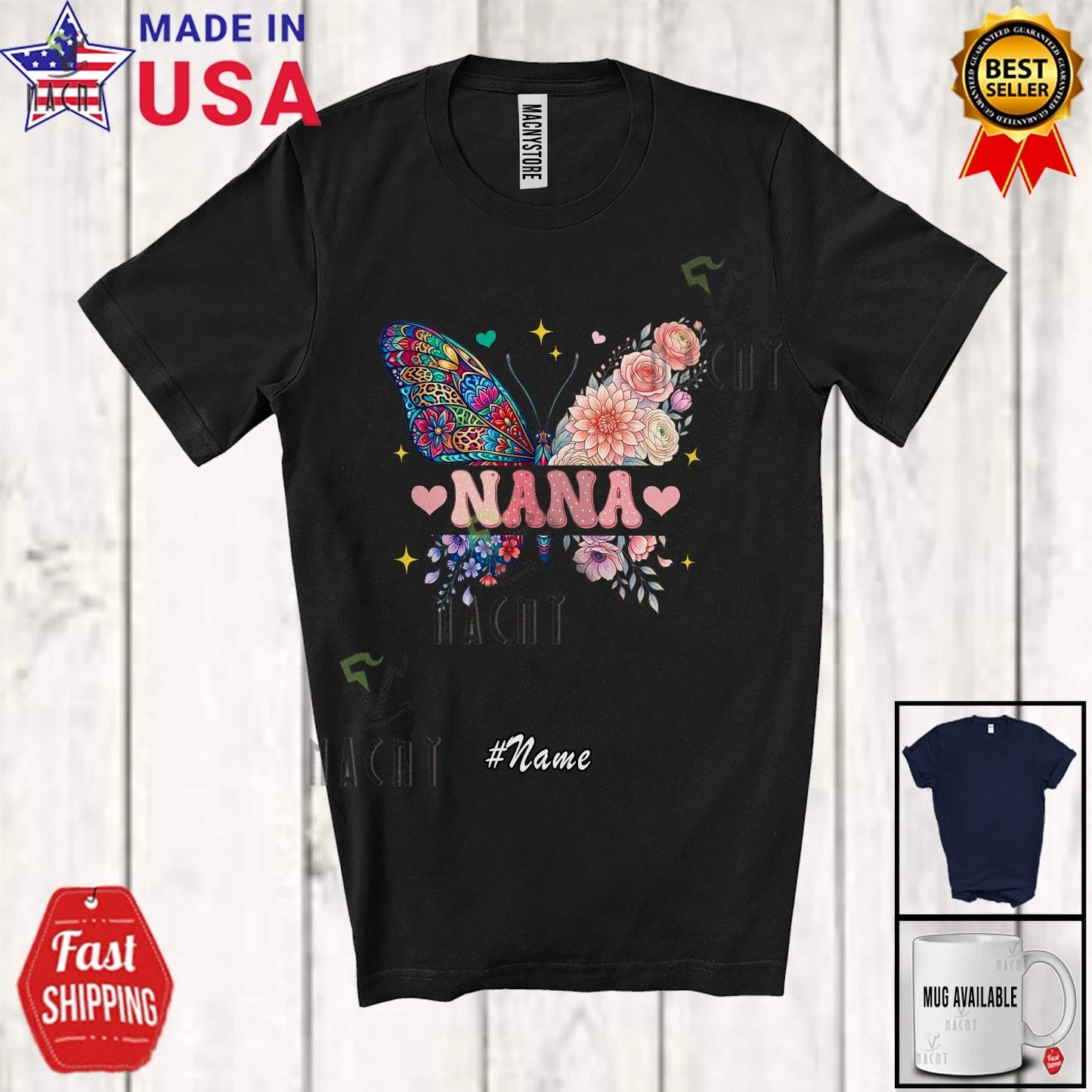 Custom Name Nana; Lovely Mother's Day Floral Butterfly Nature Family T-Shirt