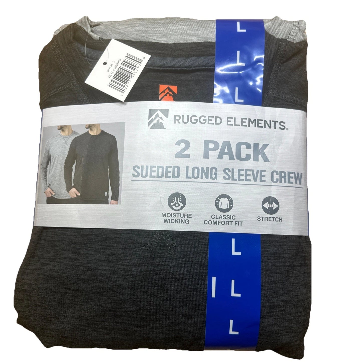 Rugged Elements Men's LARGE Sueded Long Sleeve Crew Tee 2-pack Black & Gray NEW