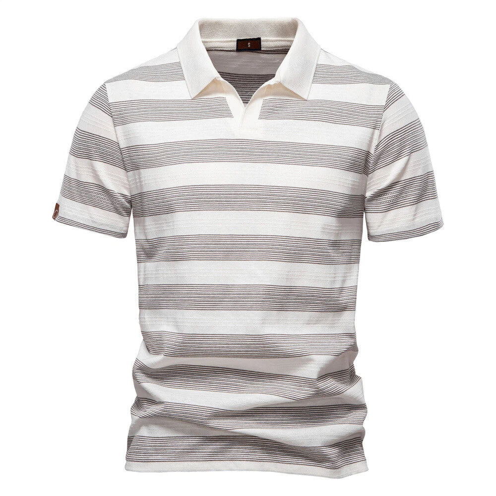 Men's Cotton Short Sleeve Slim Fit Polo Shirts Stripes Shirts Casual Golf Shirt