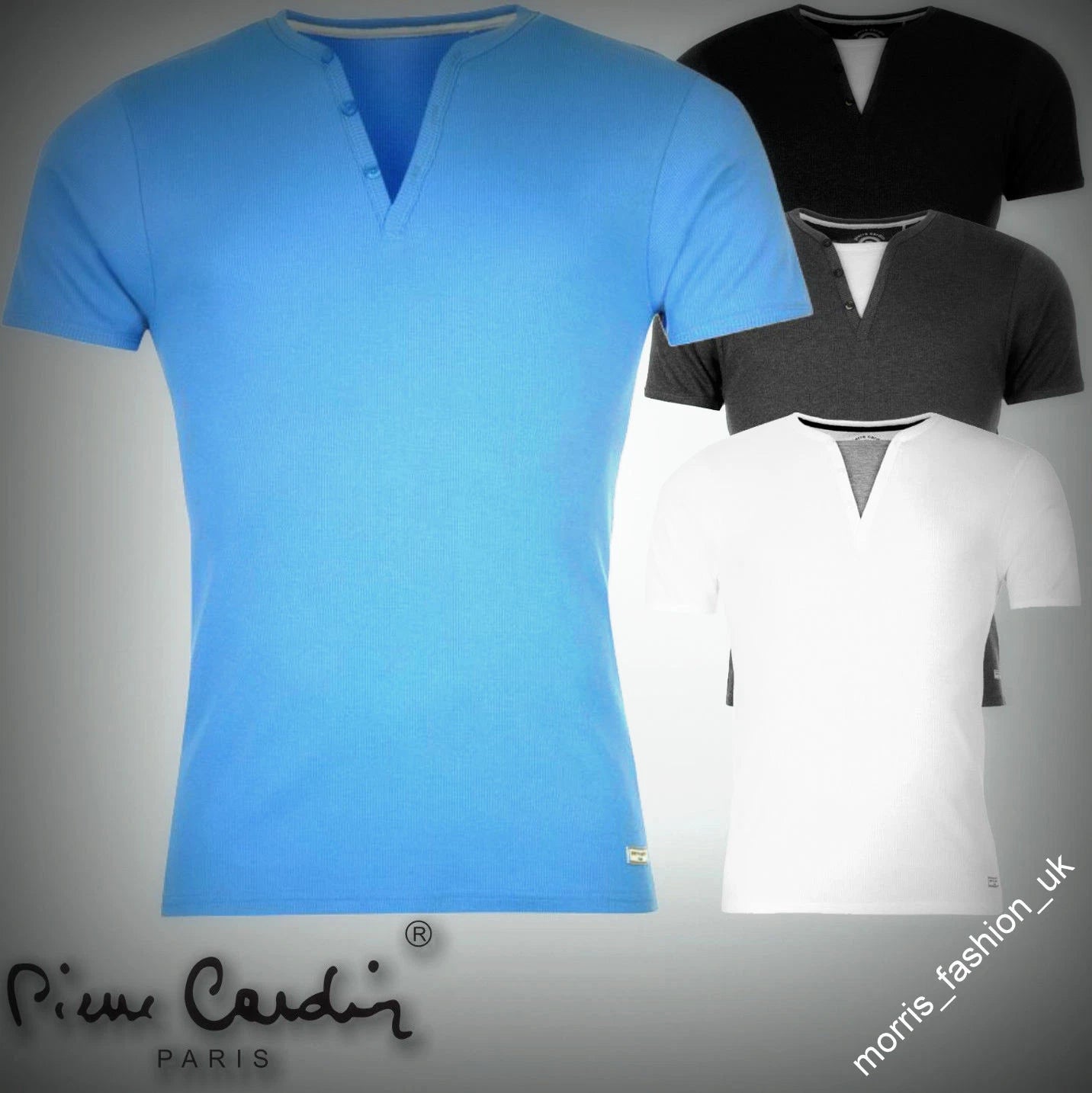 £2.99 BIG SALE Men Pierre Cardin Y-Neck TOP Lightweight Neck Ribbed T Shirt S/M