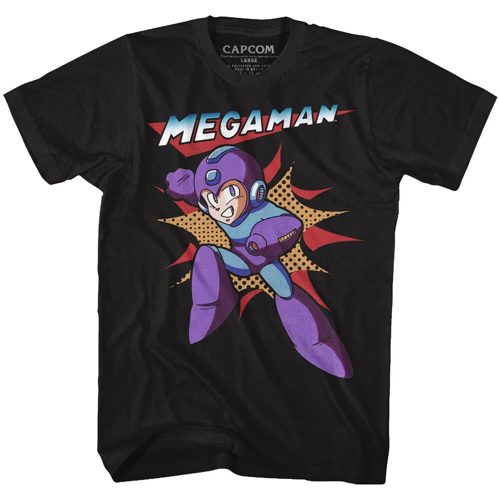 Mega Man 80's Video Game Jump Busting Through Men's T Shirt Gamer Merch