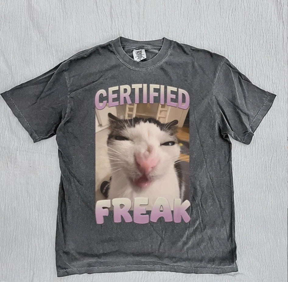Men's Graphic Gray Jersey T-Shirt Size L Certified Freak Funny Cat Meme Tee New