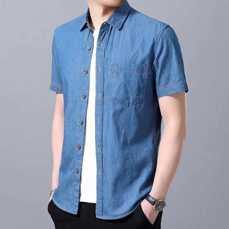 Men's pure cotton thin summer slim fit shirt washed denim short sleeved shirt