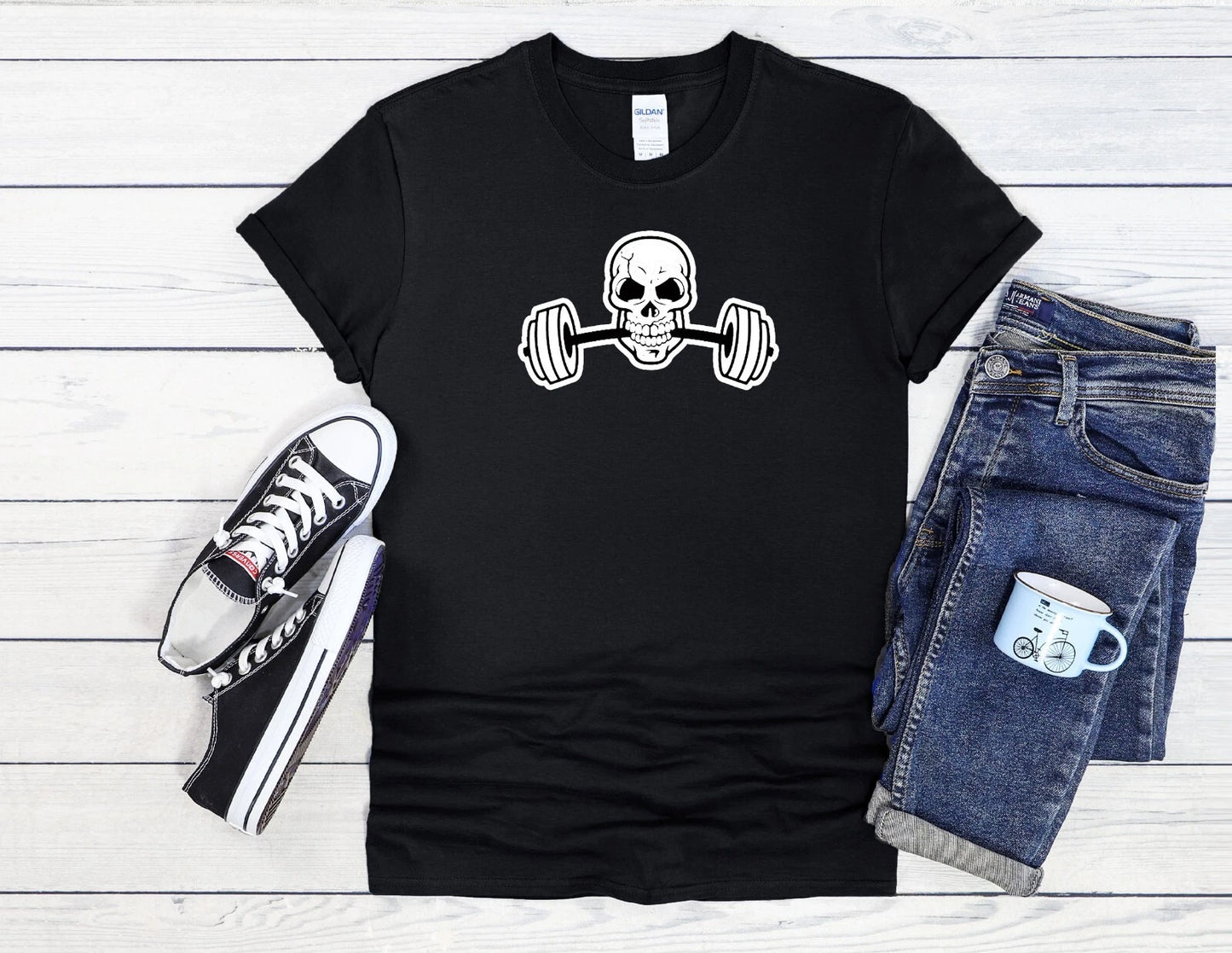 Skull with Barbell T-Shirt Fitness Men Women Unisex Shirt Hoodie Baseball 4267