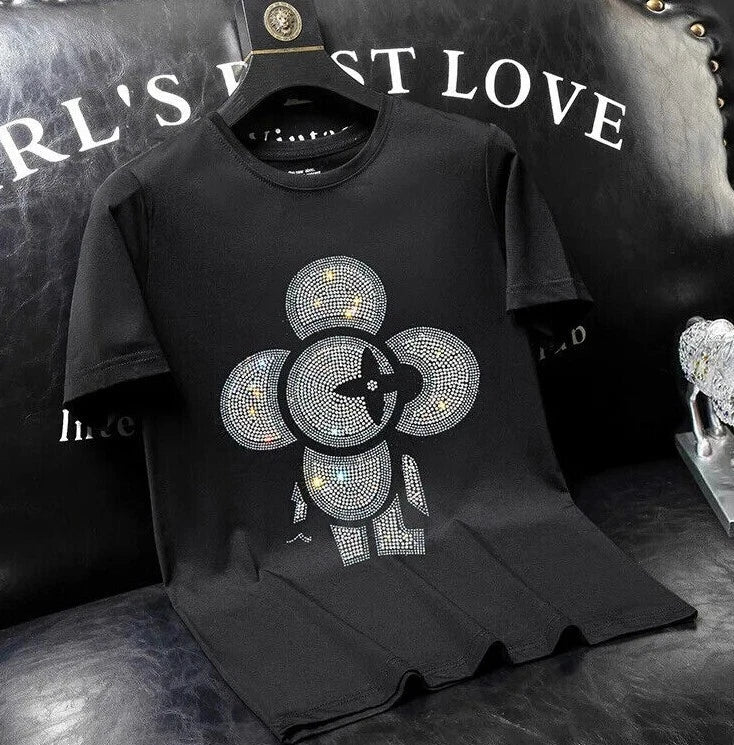 New Men Luxury Rhinestones Fashion Diamond Black T-Shirt High Quality