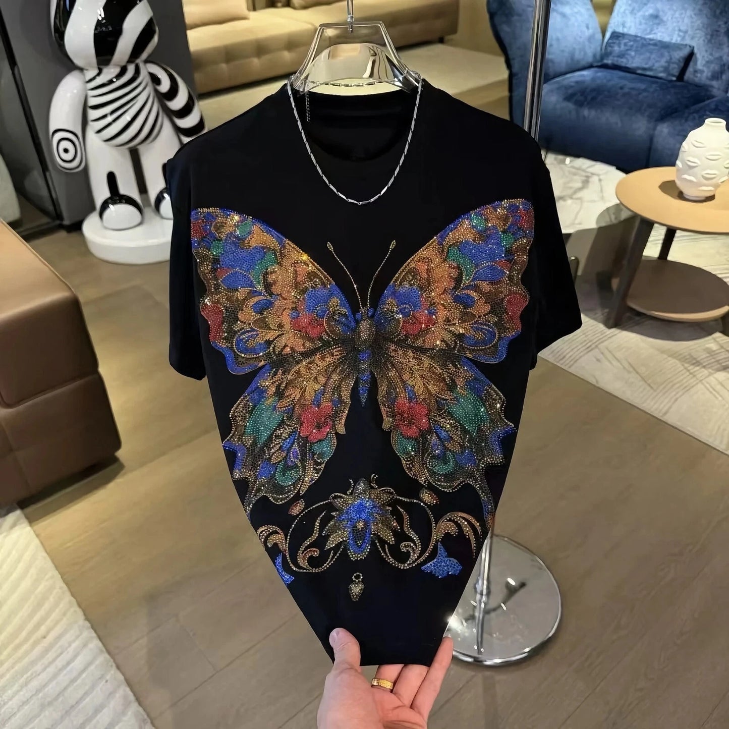 New Men Luxury Diamond Butterfly Rhinestones Fashion T-Shirt High Quality