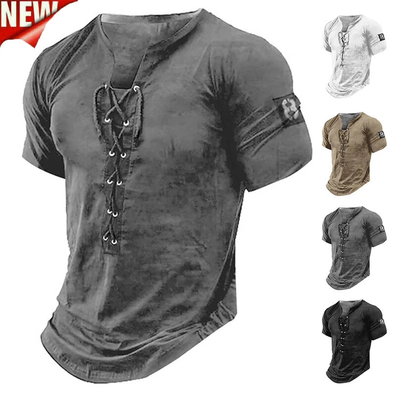 Mens Lace Up Muscle Slim Fit T-Shirt Short Sleeve Gym Sport Fitness Tee Tops ✔