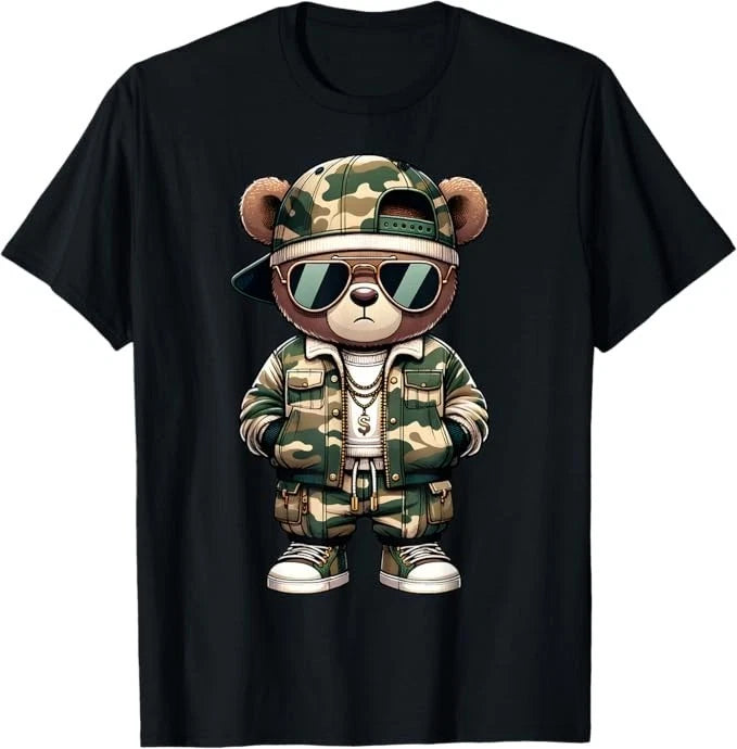 Camo Hip Hop Teddy Bear Camouflage Gangsta Streetwear Hustle T-Shirt