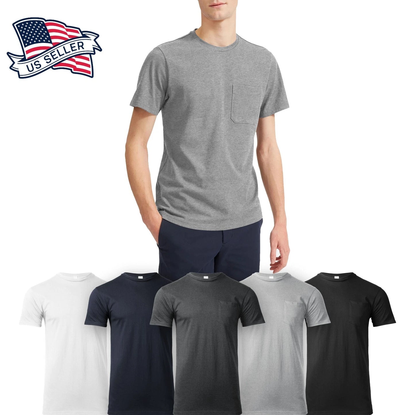 Mens Basic T Shirts Pocket Tee Short Sleeve Crew neck Premium Cotton Lightweight