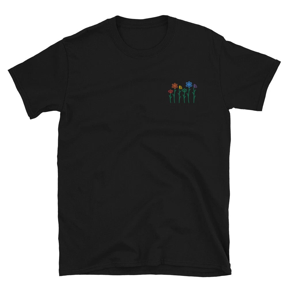 Boho Gay Pride Rainbow Flowers Hipster LGBTQ Streetwear Fun Embroidered T-Shirt