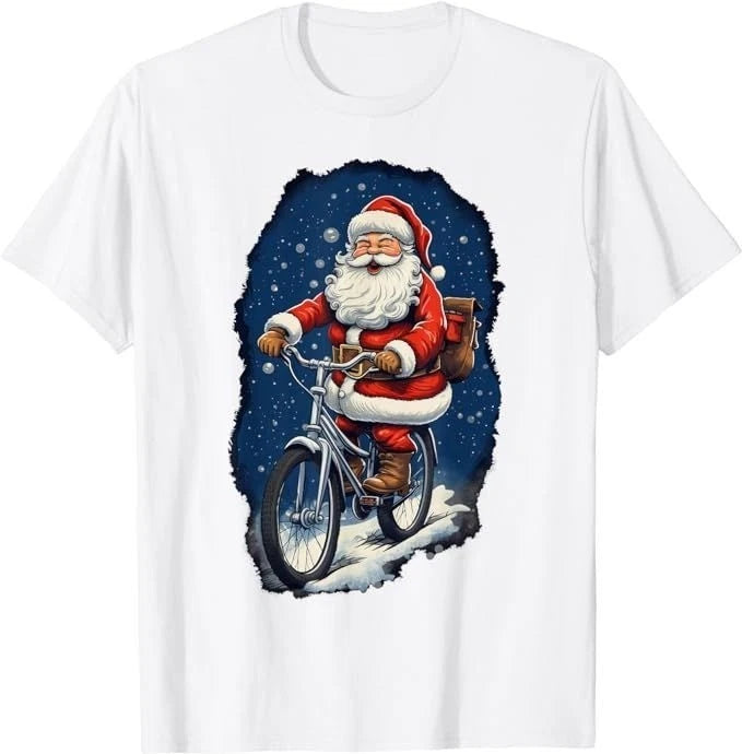Funny Santa Riding Bicycle Christmas T-Shirt Holiday Graphic Tee