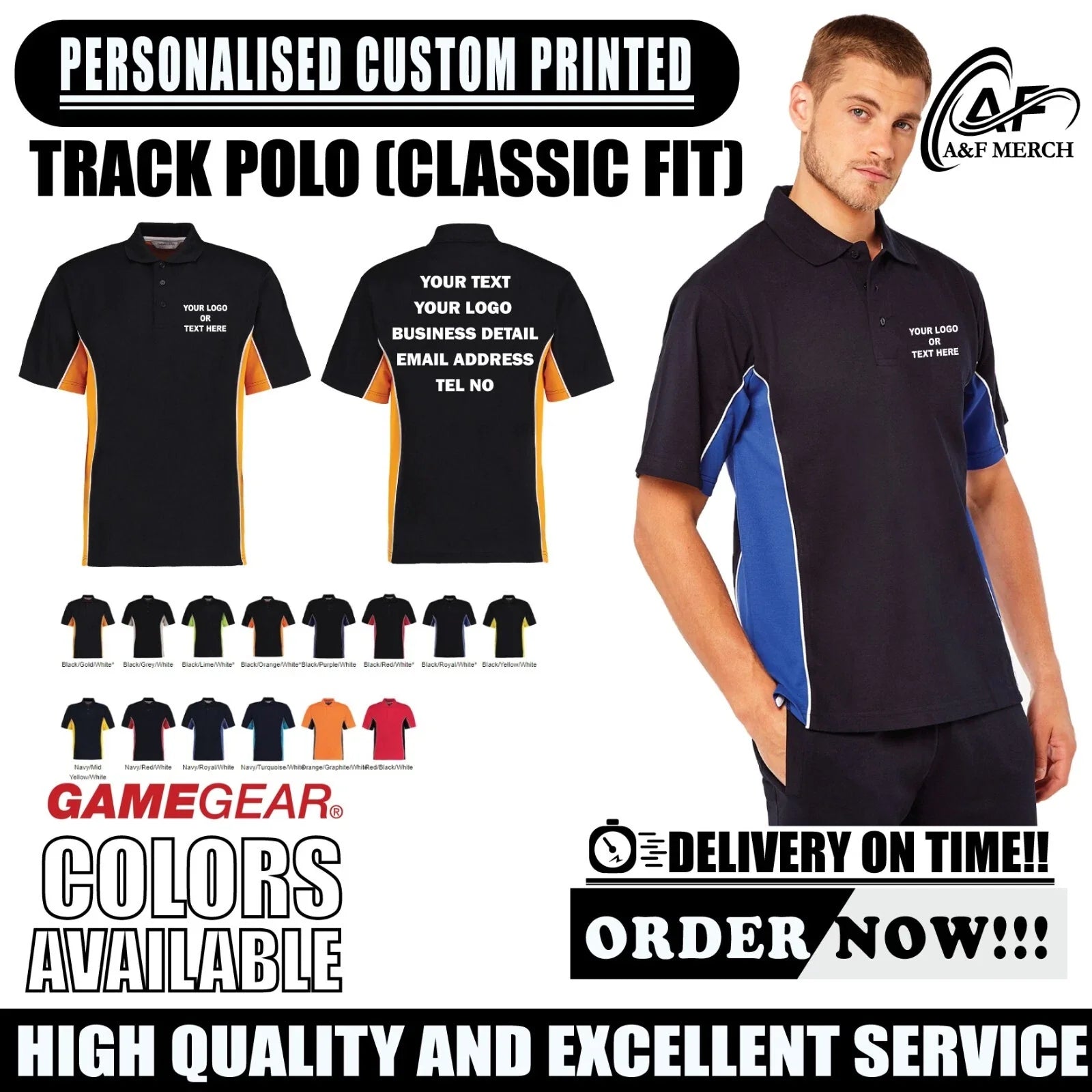 Personalised Custom Game Gear Track Polo Classic Fit Taped Neck Casual KK475