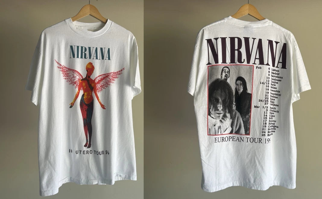 Vintage Nirvana REPRINT In Utero 94’ European Tour Giant Tag White T Shirt S-5XL
