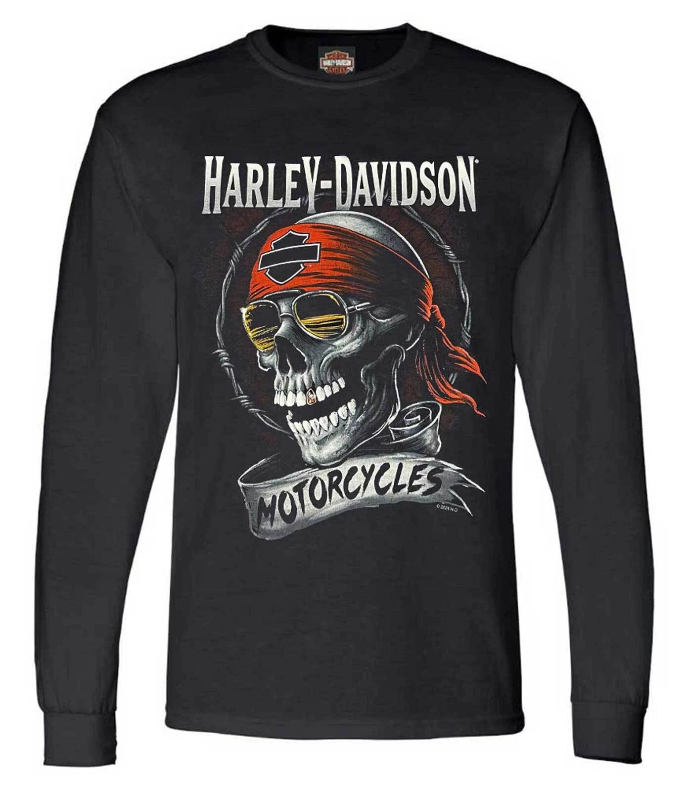 Harley-Davidson Men's Distressed Shady Skull Crew-Neck Long Sleeve Shirt - Black