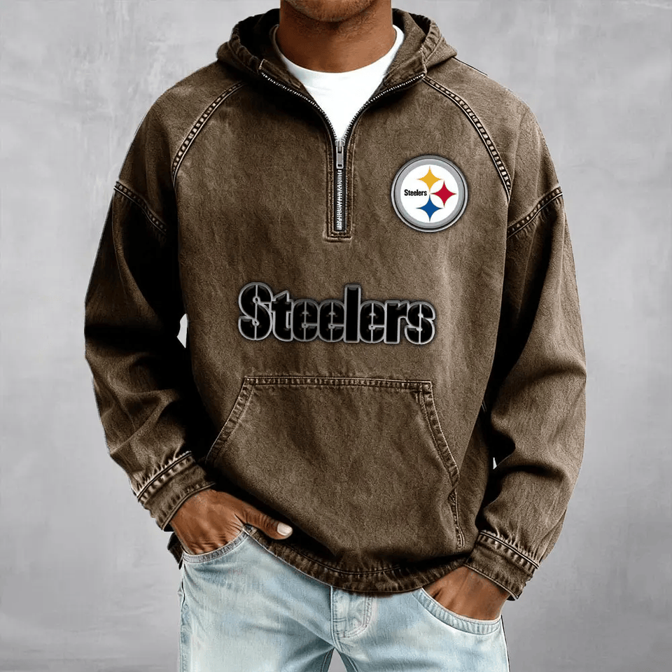 Pittsburgh Steeler Men's Half-Zip Denim Hoodie For Fan